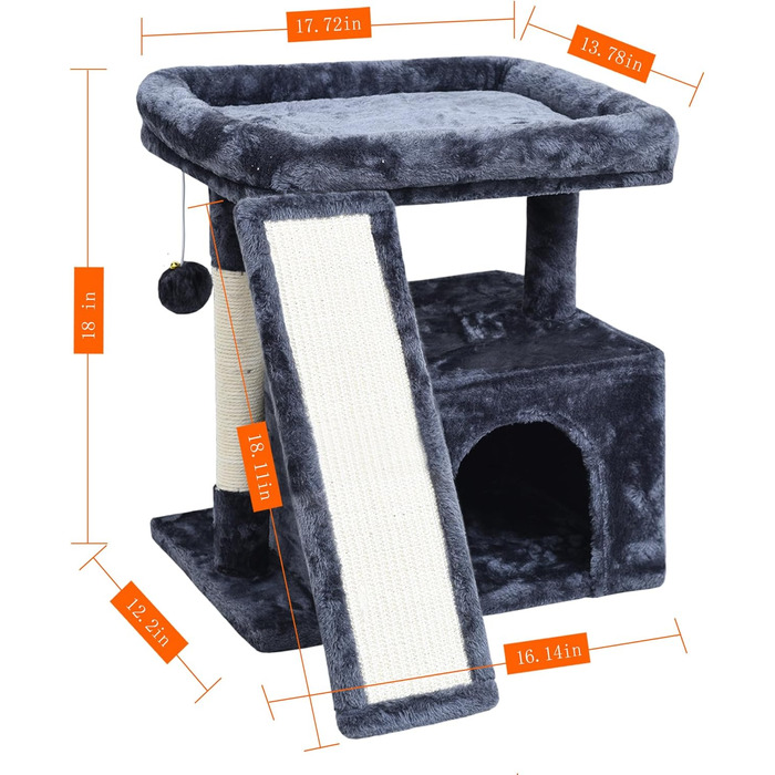 Дім-кіготник для котів у приміщенні - стабільна кімната з кігтеточкою, стійкою для сидіння, платформою та схованим місцем (димно-сірий)