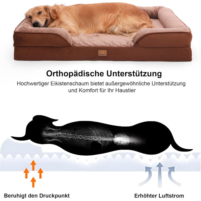 Ортопедичне ліжко для собак великих порід, ергономічне софа з піною у формі яйця, вологостійке неслизьке ліжко для собак 122x89 см, світло-сірий/коричневий L 122 x W 89 x H 17 см