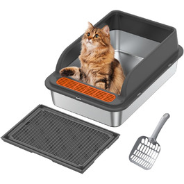 Кігтеточка-лоток для котів Euakee з нержавіючої сталі з кришкою, XL, великий, для великих котів, з високими бортиками, з лопаткою та педалем, антипригарне покриття, захист від протікання, легко чистити
