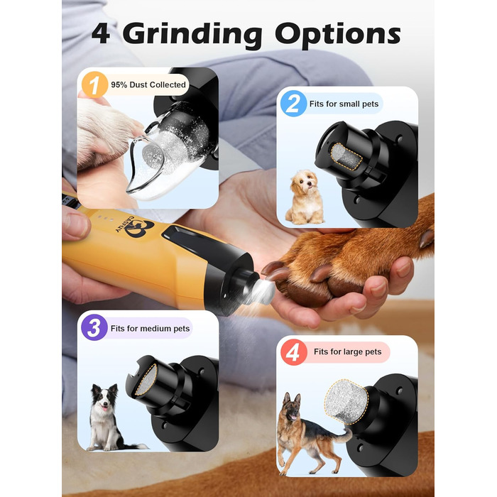 Електричний шліфувальник нігтів для собак Casfuy - 6 ступенів, тиха робота, з LED-підсвіткою та збирачем пилу