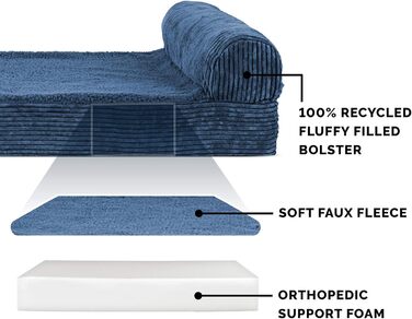Ортопедичне ліжко для собак Furhaven Jumbo Plus/XXL: велике, з підголовником та знімним чохлом, до 56,7 кг, фліс та корд, Marineblau (135x107x24 см)