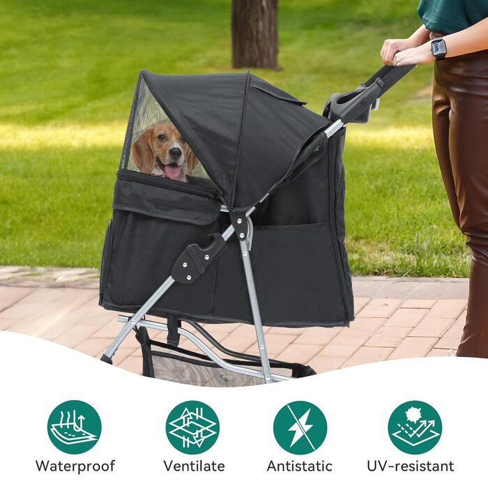 Візок для собак та котів YITAHOME, до 15 кг, з сітчастими віконцями, тримачем для напоїв та кошиком для речей (Чорний)