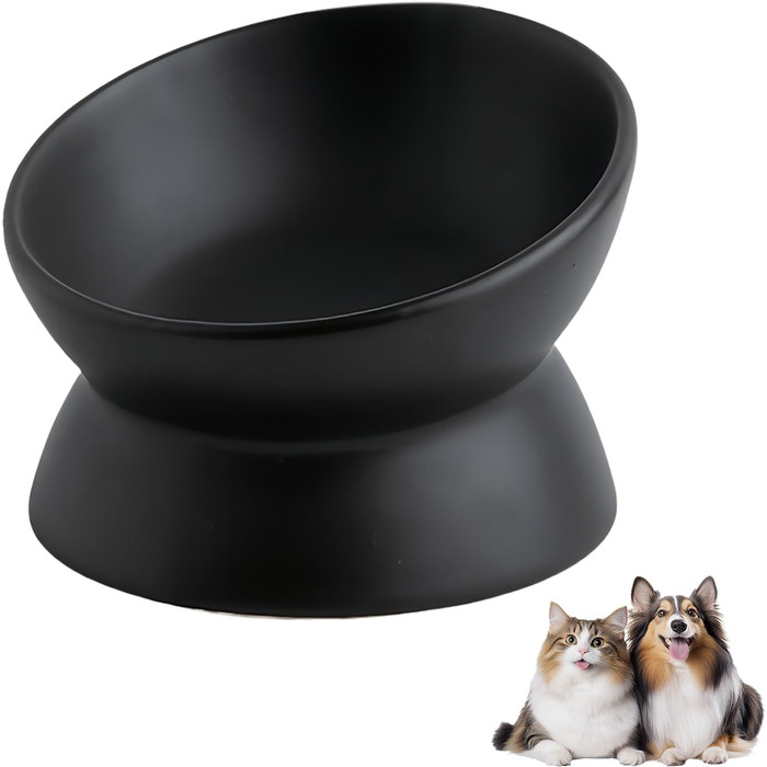Підвищений годівниця для котів, кераміка, піднятий та нахилений годівниця, проти блювоти, без стресу, для котів та маленьких собак, 150 мл, чорний, 1 шт.