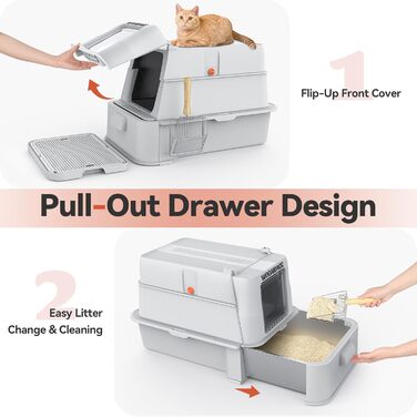 Торгівля туалет для котів Wooidagg з нержавіючої сталі з контролем запаху, модульна конструкція з ящиком, легко чистити лопаткою, розмір XL, підходить для всіх котів (Світло-сірий)