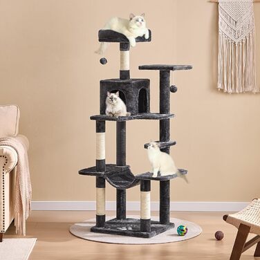 Кігтеточка для котів MSmask велика, 150 см, сіра, з 2 платформами, 2 будиночками, гамаком та сизалевими стовпчиками