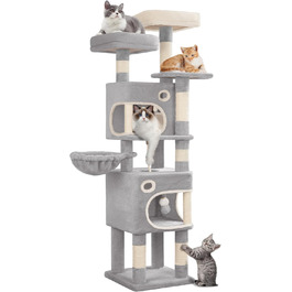 Драбина-кіготь Hzuaneri для котів, 159 см, 8 стовпчиків, 3 платформи, 2 хованки, кошик, плюшеві кульки, мотузка з сизалю, підходить для котів різних розмірів, сірий MS15918LG L (50 x 40 x 159 см)