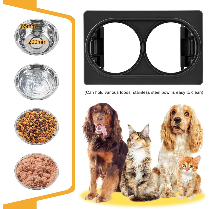 Підвищений годівниця для собак та котів 2-в-1, 4 регульовані висоти, підставка Anti-Slip з нержавіючою чашею, чорний (44 x 27,5 x 7 см)