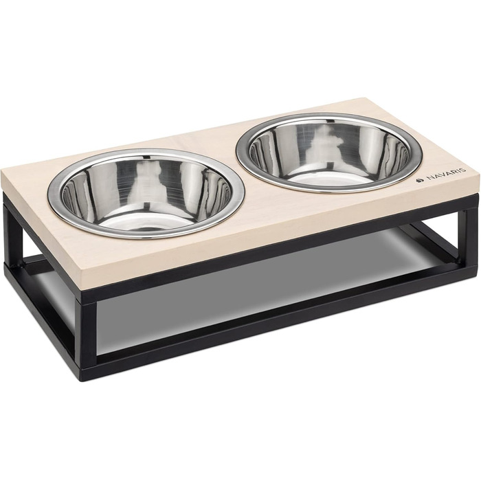 Набір мисок для котів Navaris з кріпленням - станція годування. Миски з нержавіючої сталі та дерев'яний тримач для котів та собак