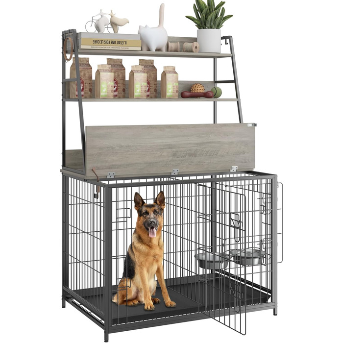 IDEALHOUSE Клітка для собак, меблі, з підйомною кришкою, приставний столик, 3-ярусна полиця, для середніх собак, сірого кольору