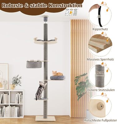 Двоповерховий котячий будиночок COSTWAY з драбиною, 236-271 см, 5-ярусний, з гамаком та платформами, котячий будиночок з плюшем, сірий, з дерева