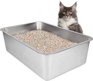 IKITCHEN Великий лоток для котів з нержавіючої сталі (50x35x20 см), туалет для котів та кроликів, без запаху, без плям, антикорозійний, з гладкою поверхнею, з антиковзким гумовим дном, срібний