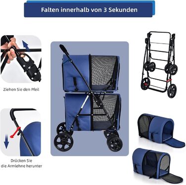 GYMAX Складаний візок для собак, буги для тварин з 2 знімними кишенями, візок для собак з передніми та задніми дверцятами, переноска для домашніх тварин з сітчастою тканиною та колесами з гальмами, переноска для собак та котів (Блакитний)