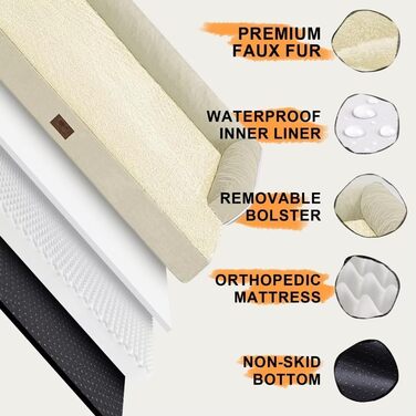 Ортопедичне собаче ліжко великого розміру XL, бежеве. Знімна подушка для шиї, водонепроникний чохол, антиковзаюча підкладка.