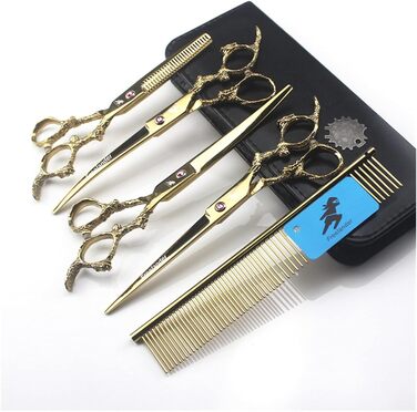 Професійний набір ножиць для стрижки волосся 7 дюймів (4 шт.) з антиковзним ручками 'Дракон', золотий колір. Ідеально підходить для стрижки собак та котів.