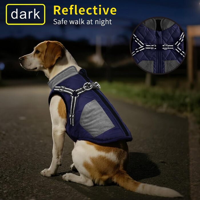 Тепла куртка для собак Mosucoir, водонепроникна, світловідбиваюча, для зими, комфортна, для середніх та великих собак (Marineblau, XXL)