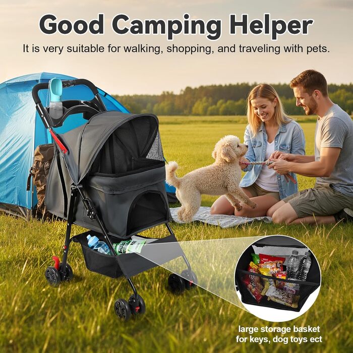 Складаний візок для тварин та дітей з колесами на 360°, кошиком для зберігання, міцним металевим каркасом та дихаючими сітковими віконцями – портативний переносник для котів та собак до 22 кг, чорний