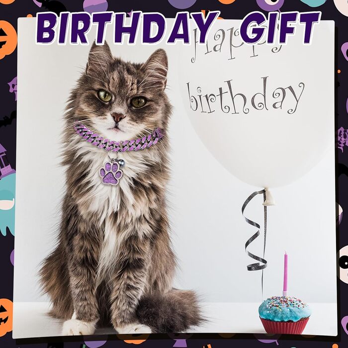 Нашийник для котів Hillban з діамантовою інкрустацією, блискучий, металевий з надійним замком, з кулоном у вигляді лапки та ID-біркою, дзвіночком, аксесуари (20,3 см, сталь, чорний, фіолетовий, 25,4 см)