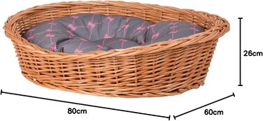 Корзина для тварин з плетіння лози, 80x60x26 см, сірий колір. Підходить для собак та котів. Корзина для домашніх тварин з м'яким вкладишем.