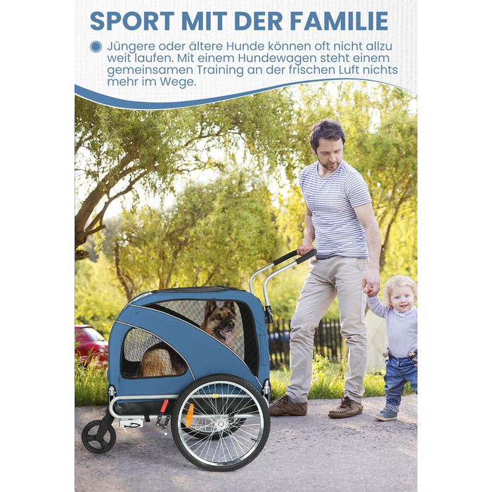 SEPNINE® Причіп для собак XL 2-в-1, велосипедний та візок для собак до 40 кг, складний з гальмами та зчіпним пристроєм, для середніх та великих собак – блакитний