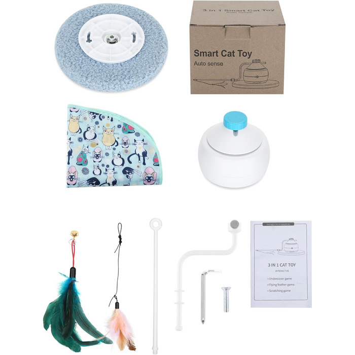 Інтерактивна іграшка для котів HAPPY HACHI 3 в 1: автоматична іграшка з пір'ям, USB-зарядка, комплект аксесуарів, блакитний колір