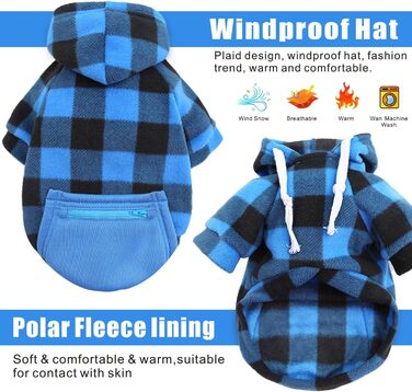 Теплий зимовий пуловер для собак з капюшоном, в клітинку, з кишенею на блискавці, розміри S-5XL, чорно-синій, бавовна