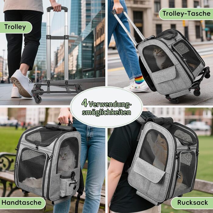 OUUTMEE Сумка-переноска для домашніх тварин, знімний чохол з колесами, ідеальна для котів та маленьких собак, багатофункціональний рюкзак, сумка-переноска 4-ма способами, дихаюча (Сірий)