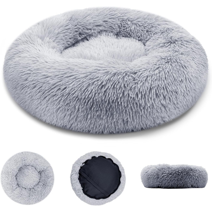 Кругле ліжко для собак та котів, діаметр 60 см, висота 15 см - м'яке, знімний коврик, нековзна підставка, сіре