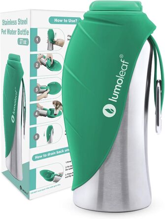 ЛьюмоЛіф - пляшка для води для собак, 800 мл, нержавіюча сталь, портативна, для подорожей, хандер, кемпінг (зелена)