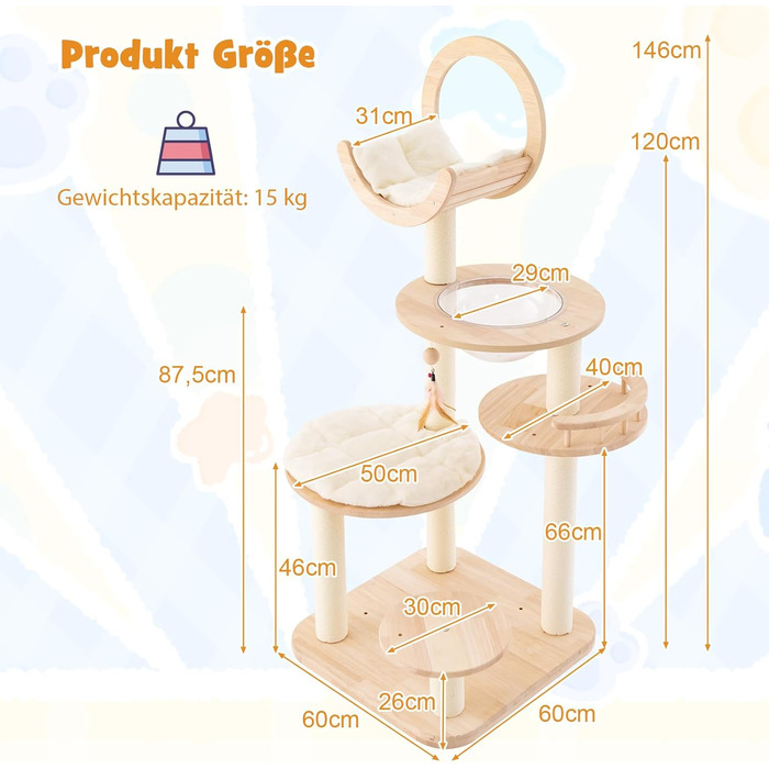 Дерев'яний кігтечка для котів COSTWAY Kaktus, 160 см, з будиночком, платформами, сизалевими стовпчиками, корзиною та іграшками