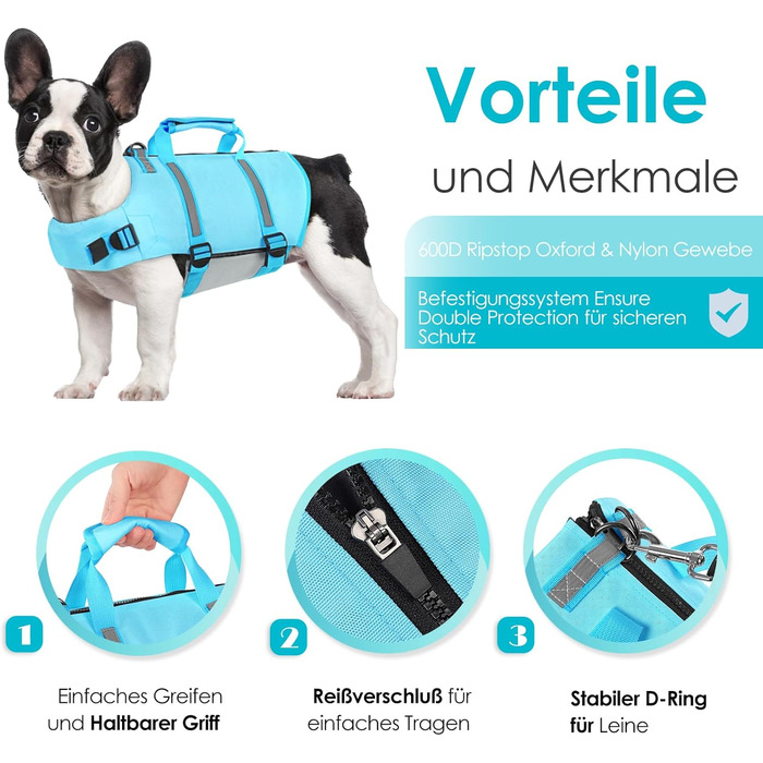 Спасальний жилет для собак AOFITEE XXL, великий розмір, з ручкою, світловідбиваючий, високоплавучий, для великих собак, блакитний