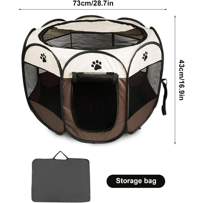 Кія: Переносний вольєр для цуценят та тварин 74x74x43 см, вольєр для собак, котів, кроликів (колір: коричневий)