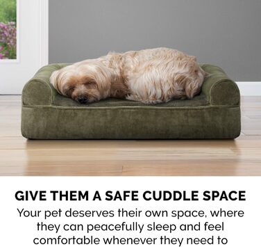 Ліжко для собаки Furhaven середнє з ортопедичним матрацом Memory Foam, штучне хутро і велюр, диван-стиль, знімний та праний чохол, темно-зелений