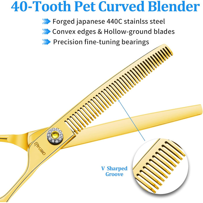 Професійна вигнута ножиця для грумінгу собак, гострі леза, універсальна ножиця, ножиці для догляду за собаками, японська сталь 440C, плавне різання та точний зріз, золотиста, 17,8 см