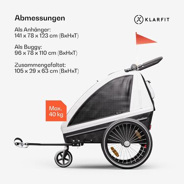 Klarfit GoKiddo: Причіп для велосипеда на 2 дітей - 2в1 (велопричіп та візок) з гальмами, ременями безпеки, регульованими сидіннями, вантажопідйомністю 40 кг, захистом від дощу та UV, складаний (світло-сірий)