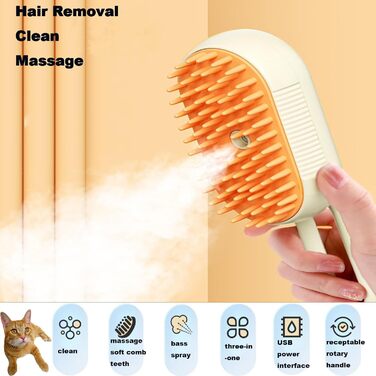 Парова щітка для котів Katzen, щітка для догляду за шерстю з водяним туманом, масажер для собак та котів, підходить для довгошерстих котів, 360° обертання, білий/хакі