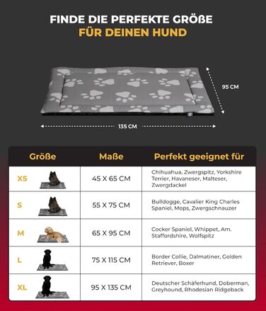 Літня собача ковдра HS-Hundebett® з бавовни з наповнювачем та антиковзким покриттям XS – М'яка собача ковдра для літа – Працює в пральній машині та довговічна – Легка літня ковдра для собак – Виготовлено в Німеччині (Лапа Антрацит, 95x135 см)