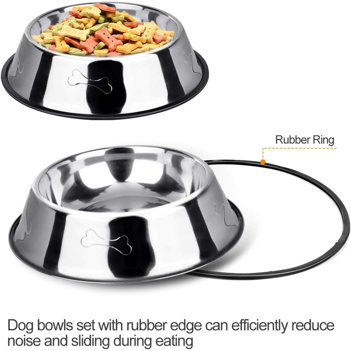 Миски для собак з нержавіючої сталі, 2 шт. - неслизька основа, для корму та води, середніх та великих собак, срібні