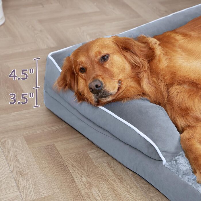 Ортопедичне ліжко для собак великих порід, XL, водовідштовхувальне, з пам'яті ефекту, зручна подушка для шиї, знімний, пральний чохол, антиковзаюча підкладка (сірий)