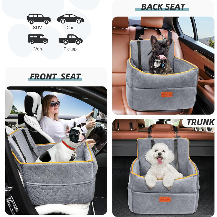 Автомобільний лежак для собак: сірий, з кишеньками та поводом, для собак малого та середнього розміру