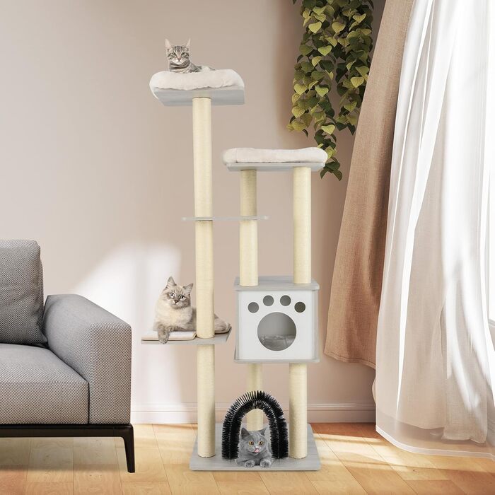 Кігтеточка для котів Costway 6-ярусна, 176 см, з лежаком, будиночком та аркою, сіра