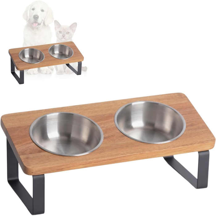 Підвищена годівниця для котів та маленьких собак з кераміки та дерева (Акація - Нержавіюча сталь)