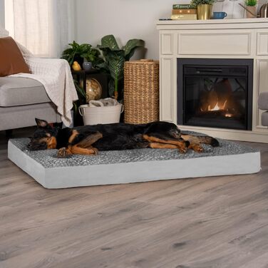 Ліжко для собак Furhaven XXL з ортопедичним меморі фоам, плюшева штучна шерсть та замша, знімний чохол, сіра, розмір Джамбо Плюс (XXL)