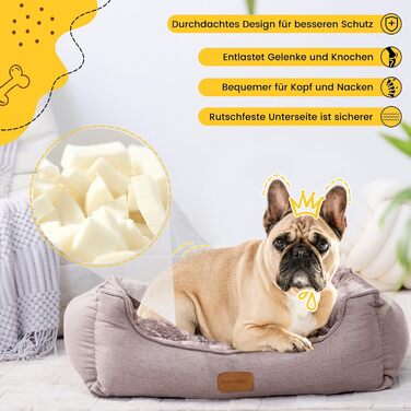 Ортопедичне ліжко для собак, маленьких та середніх порід, 52x41x16 см, м'яке та зручне, кошик для собак з високим бортиком, знімний та пральний чохол, неслизьке, для дому/автомобіля (Хакі, S)