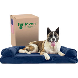 Ліжко для собак Furhaven XL з ортопедичної піни, диван-стиль, знімний та праний чохол, темно-синє
