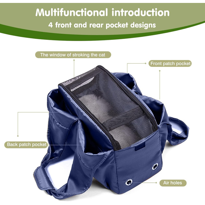PETCUTE Сумка-переноска для собак та котів, дихаюча, з матом, на плече, з лінійкою безпеки та кишенями, для маленьких та середніх собак, цуценят та котів (Темно-синій)