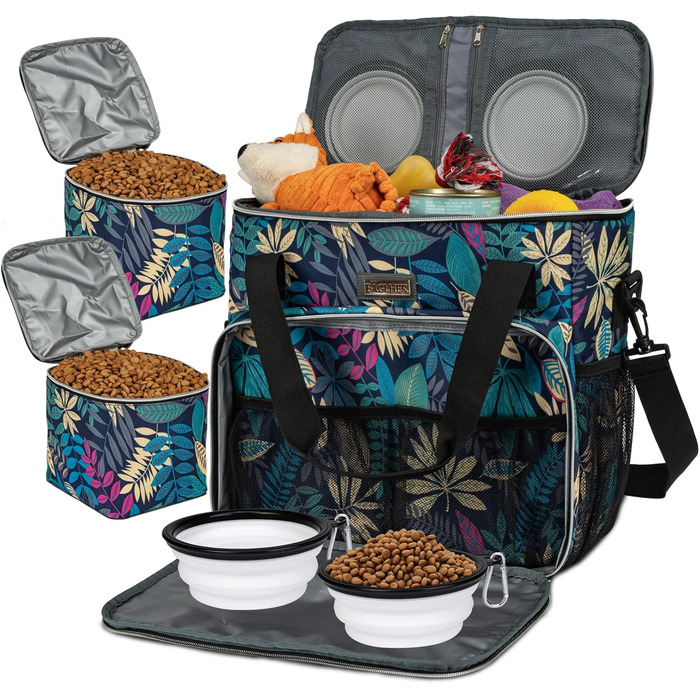 Сумка для собак Baglher, подорожі з домашніми тваринами: набір для перевезення з 2 контейнерами для корму та 2 складною мискою (Medium, Hawaii)