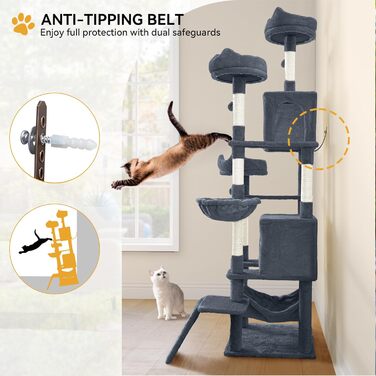 Кігтеточка YITAHOME 190 см, багатоярусна, з сизалю, з гамаком та лежаками, сіра – центр активності для котів