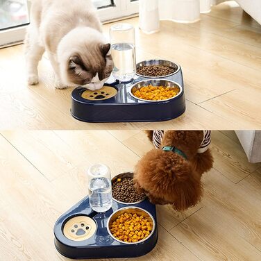 Миска для кота з нержавіючої сталі 3-в-1 з автоматичним дозатором води, подвійна миска для котів та собак маленьких та середніх порід (Блакитна)
