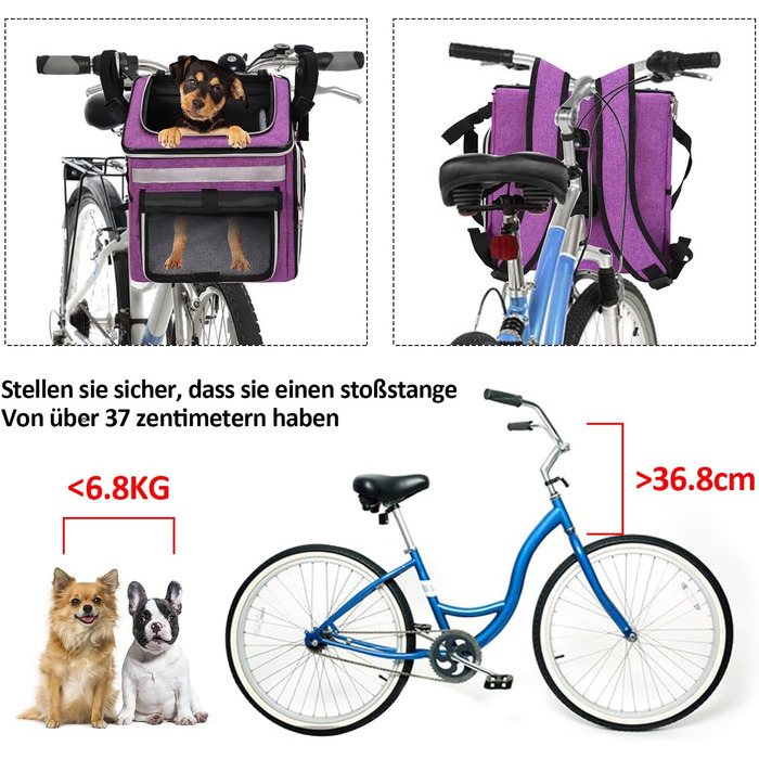 Сумка на велосипед для тварин (собаки, коти), рюкзак для домашніх улюбленців з сіткою, складана переноска для собак та котів до 6 кг (фіолетовий, 53 x 29 x 33 см)