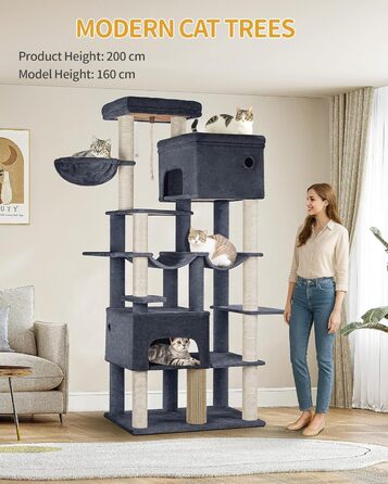 Декілька рівнева кігтеточка для котів Hzuaneri MS20018LG, 200 см, XXL, 10 стовпчиків, 2 печери, 2 гамаки, велика платформа, щітка для котів, кошик, для мейн-кунів та великих котів